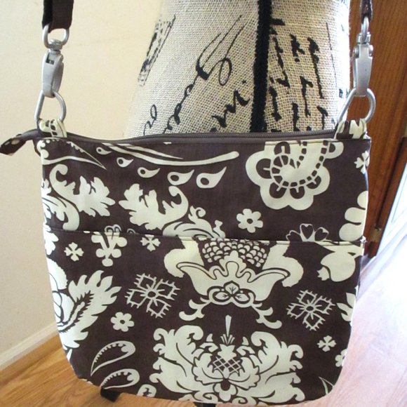 Baggallini Crossbody Bag Travel Organizer Purse Triple Zip, Brown Cream Print - Picture 4 of 16